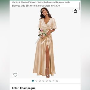 Pleated V Neck Satin Bridesmaid Dresses with Sleeves Side Slit